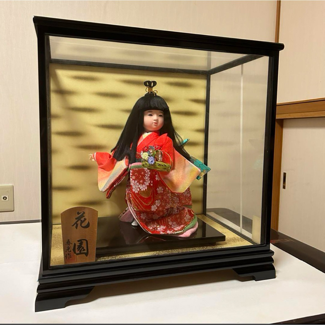 舞踊人形 花園 春光 日本人形 市松人形 着物 飾り ガラスケース ㉚の