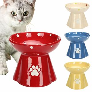 【色: レッド】iikuru 猫 フードボウル 陶器 ネコ 餌入れ 皿 ペット (猫)