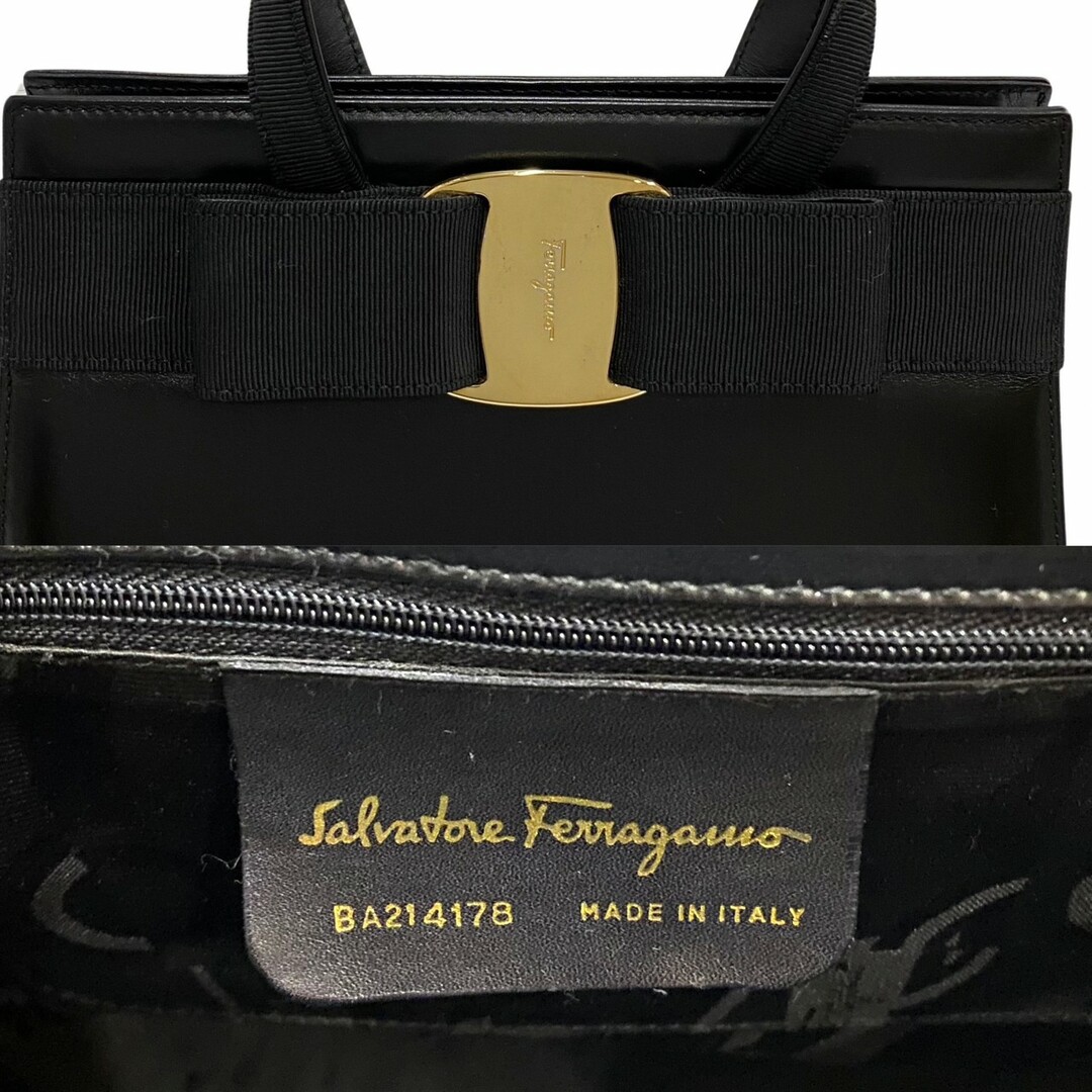 ほぼ未使用 保存袋付 Salvatore Ferragamo サルヴァトーレフェラガモ ヴァラリボン ロゴ 金具 カーフ レザー ハンドバッグ  ブラック 21819