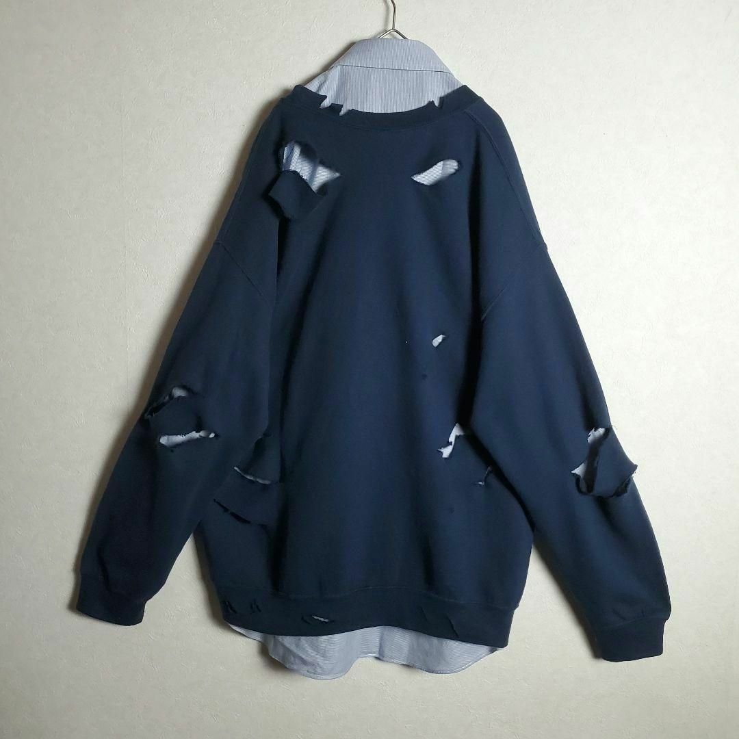 【ネクタイシャツ×ボロスウェット ネイビー 紺 英字プリント 古着】