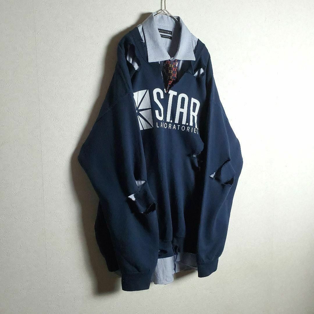 【ネクタイシャツ×ボロスウェット ネイビー 紺 英字プリント 古着】