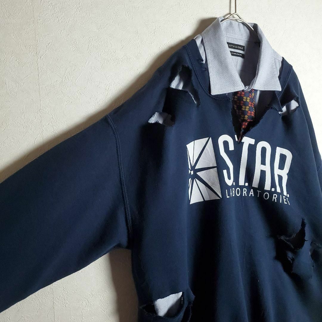 【ネクタイシャツ×ボロスウェット ネイビー 紺 英字プリント 古着】