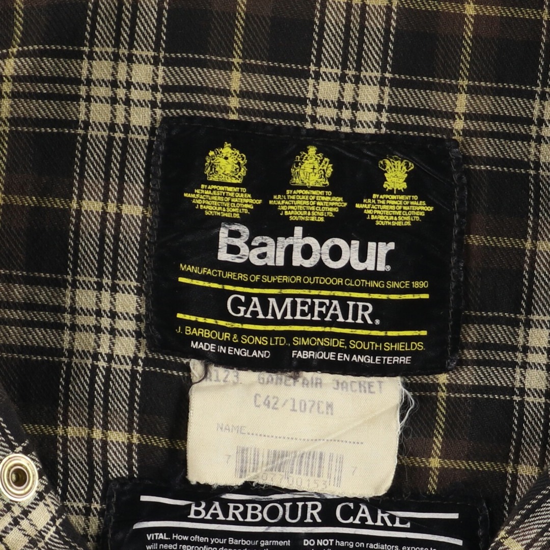 Barbour(バーブァー)の古着 90年代 バブアー Barbour GAMEFAIR ゲームフェアー 旧3ワラント ワックスコットン オイルドジャケット 英国製 C42 メンズL ヴィンテージ /eaa372648 メンズのジャケット/アウター(その他)の商品写真