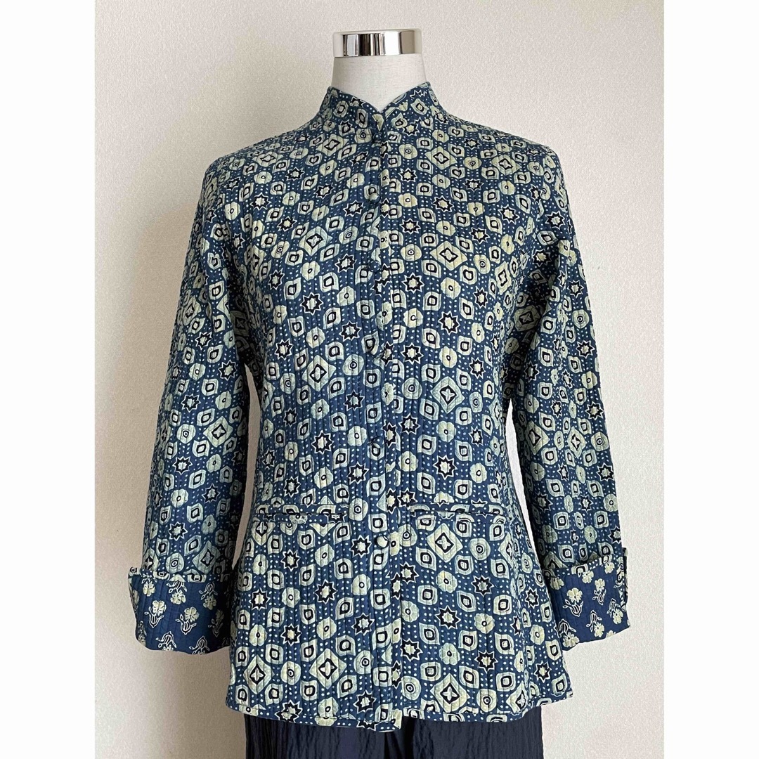 インド綿　ブロックプリント　リバーシブル　キルトジャケット　ブルー×グリーン
