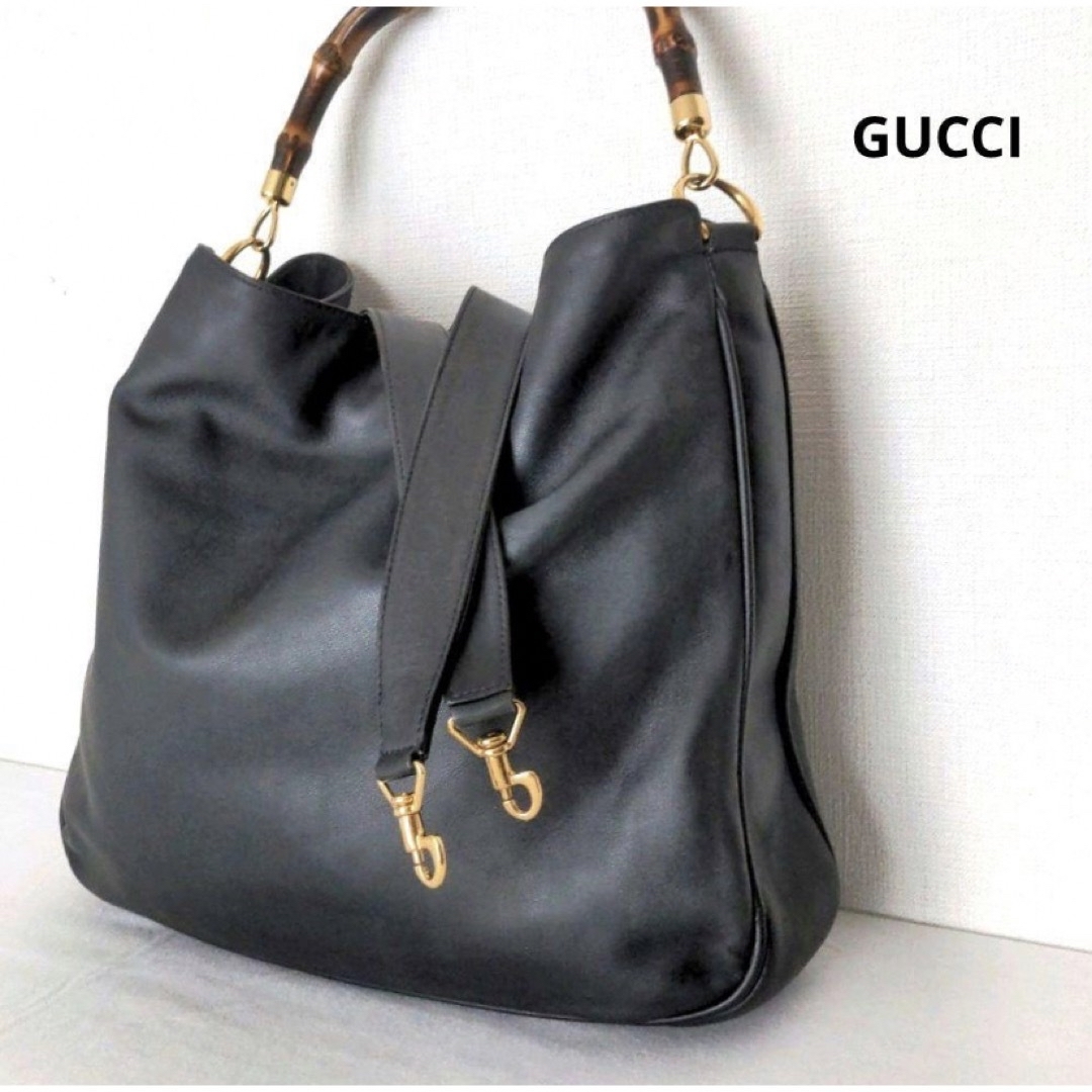 美品 ヴィンテージ GUCCI バンブーハンドル 2WAY ショルダーバッグ-