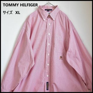 トミーヒルフィガー(TOMMY HILFIGER)のトミーヒルフィガー us古着　サイズXL BD長袖シャツ　ロゴ刺繍　ストライプ(シャツ)