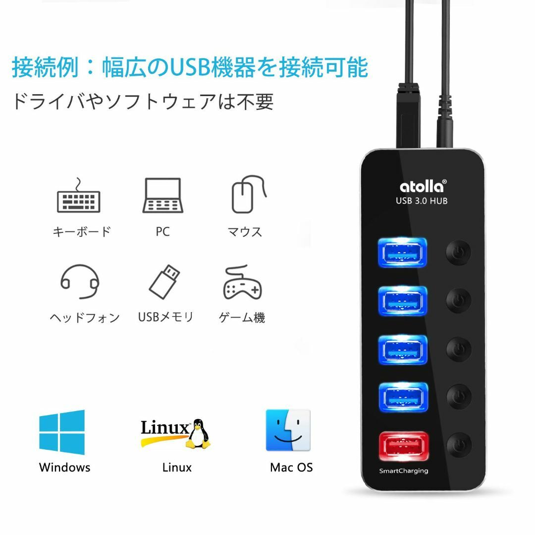 USB3.0ハブ 電源付き atolla USB ハブ 5ポート【USB3.0ポ 4