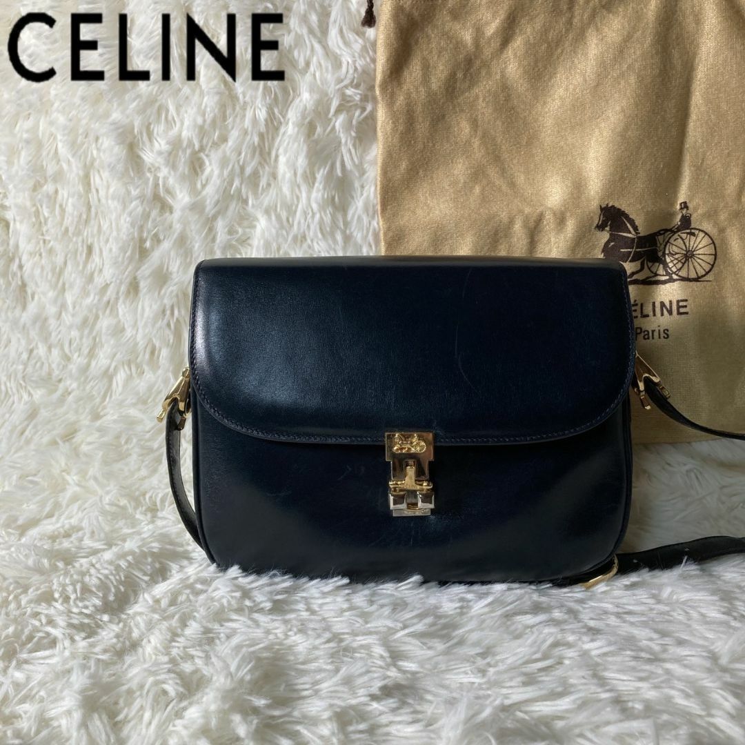 CELINE セリーヌ 馬車金具 ビンテージ ショルダー ハンドバッグ ネイビー-