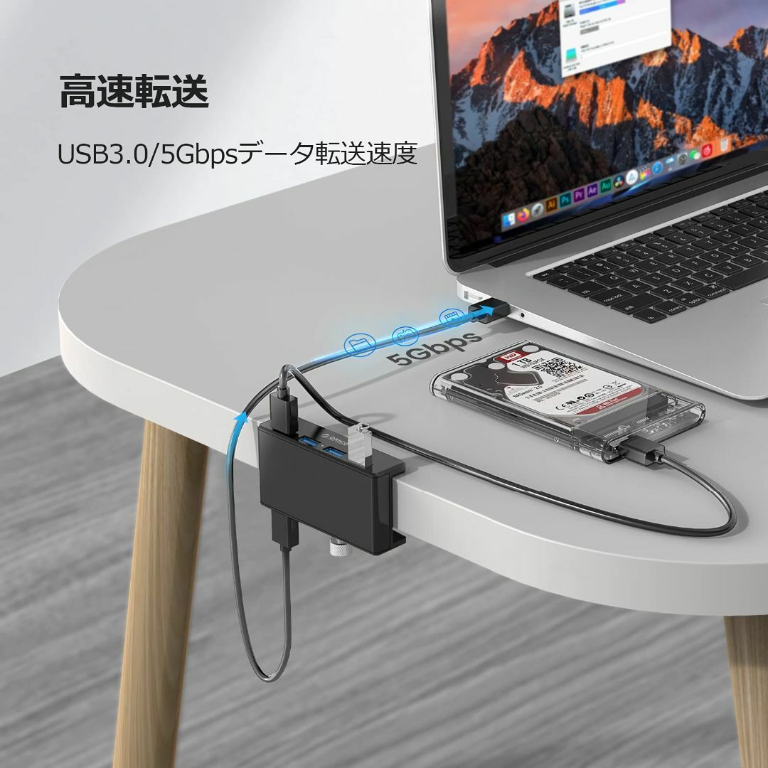 【色: 黒】ORICO USB3.0ハブ 4ポート クリップ式 5Gbps高速 5