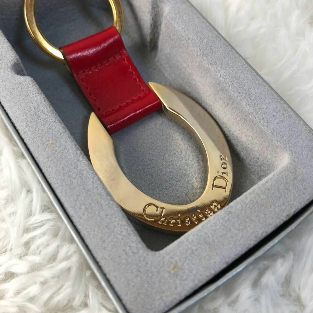 クリスチャンディオール キーホルダー キーリング ロゴ 馬蹄レザー レッド-