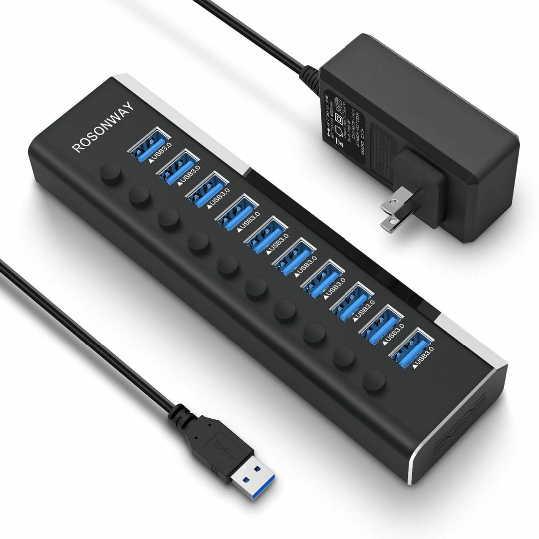 USB3.0ハブ 電源付き ROSONWAY 10ポート USBハブ アルミ製