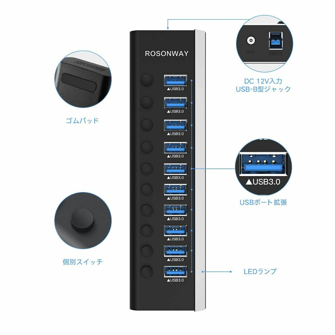 USB3.0ハブ 電源付き ROSONWAY 10ポート USBハブ アルミ製