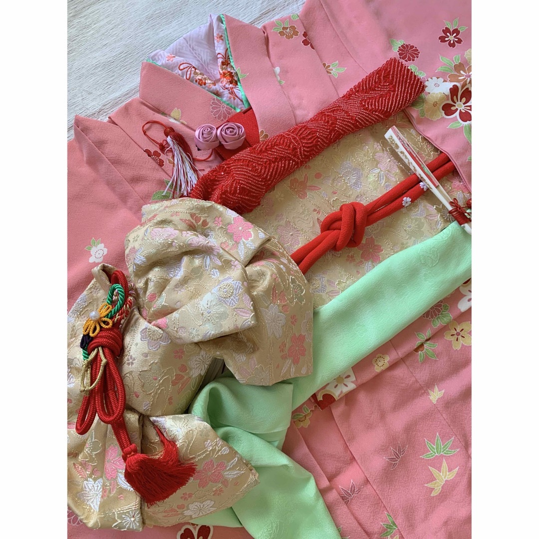 七五三に★正絹可愛いピンクの小紋　型染　作り帯　7歳着物セット