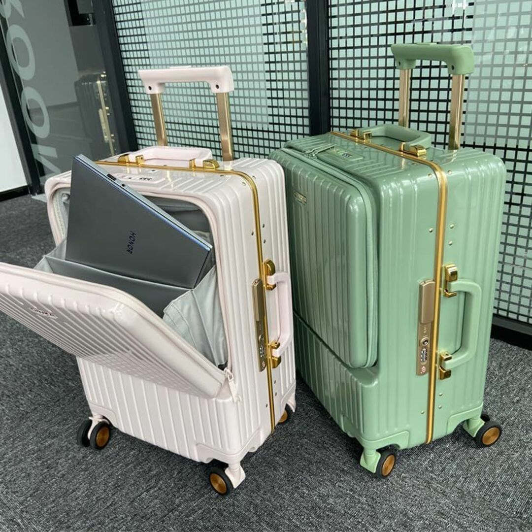 【色: ピンク】【RIOU】スーツケース フロントオープン 機内持込 アルミフレ 1