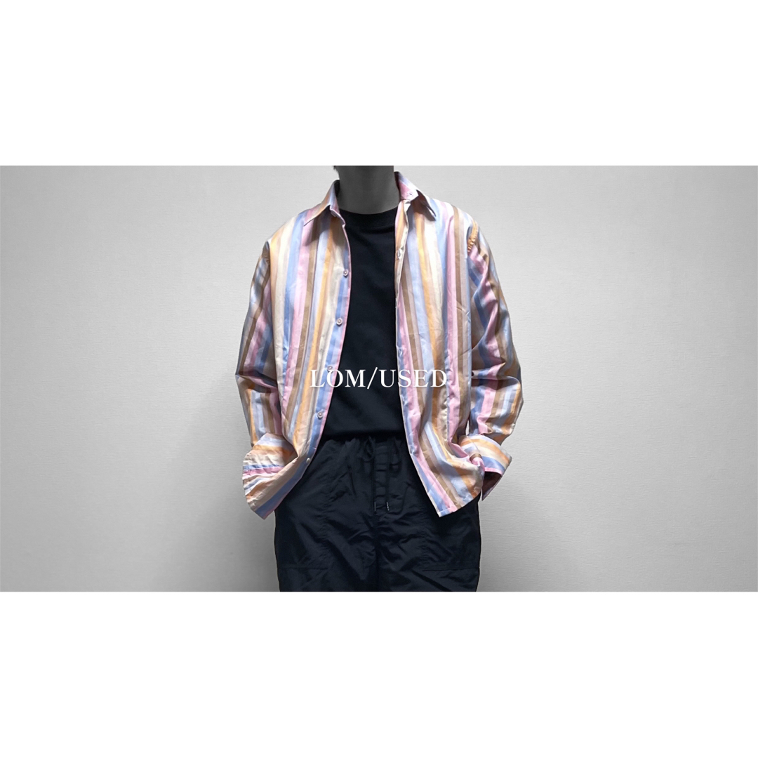 レディース XL ピンク 水色 スーツ生地 マルチカラーストライプ シャツ 長袖 レディースのトップス(シャツ/ブラウス(長袖/七分))の商品写真