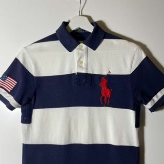 ポロラルフローレン(POLO RALPH LAUREN)の美品！【アメリカ古着❗️】ラルフローレン　ボーダー　刺繍ロゴ　ビッグロゴ国旗ロゴ(ポロシャツ)