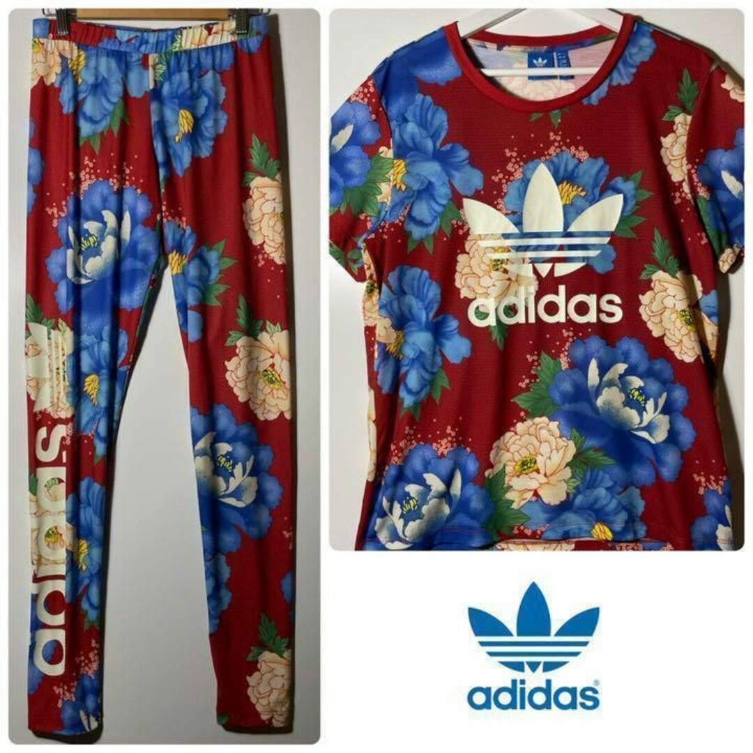 adidas(アディダス)の超美品【アディダス】セットアップ　Tシャツ　スキニーパンツ　花柄　レトロ　古着 レディースのトップス(Tシャツ(半袖/袖なし))の商品写真