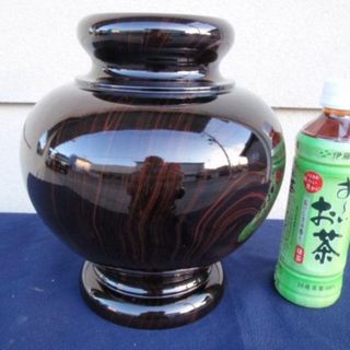 珍品！？新品 径24 国産 黒檀調 花瓶 一輪挿し 壷(つぼ) 木製花器(花瓶)