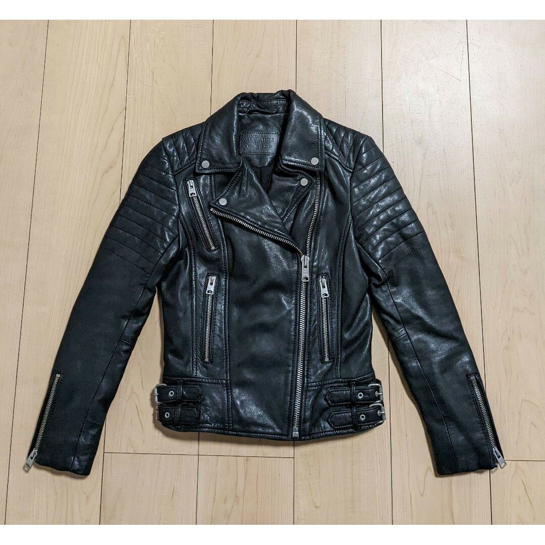 UK2 美品 ALLSAINTS ライダースジャケット ダブル ブラック 黒レーヨン62%綿38%皮革部分