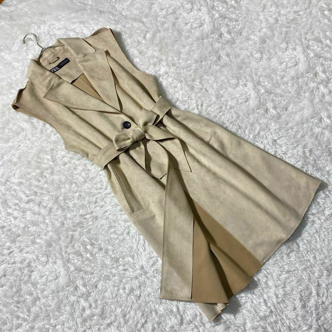 美品 ZARA ザラ ノースリーブコート フェイクスエード ベルト付き M