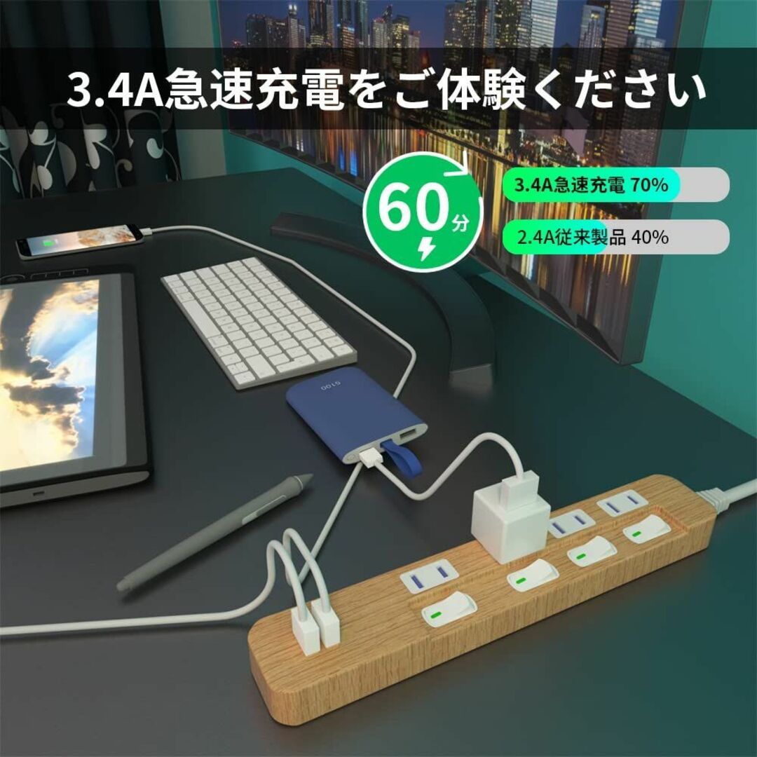 【色: 木目調】SAYBOUR タップ電源タップ 3.4AUSB 付き PSE認 3