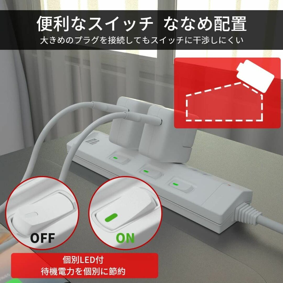 【色: ホワイト】SAYBOUR USB付き 電源タップ 雷ガード 個別スイッチ 6