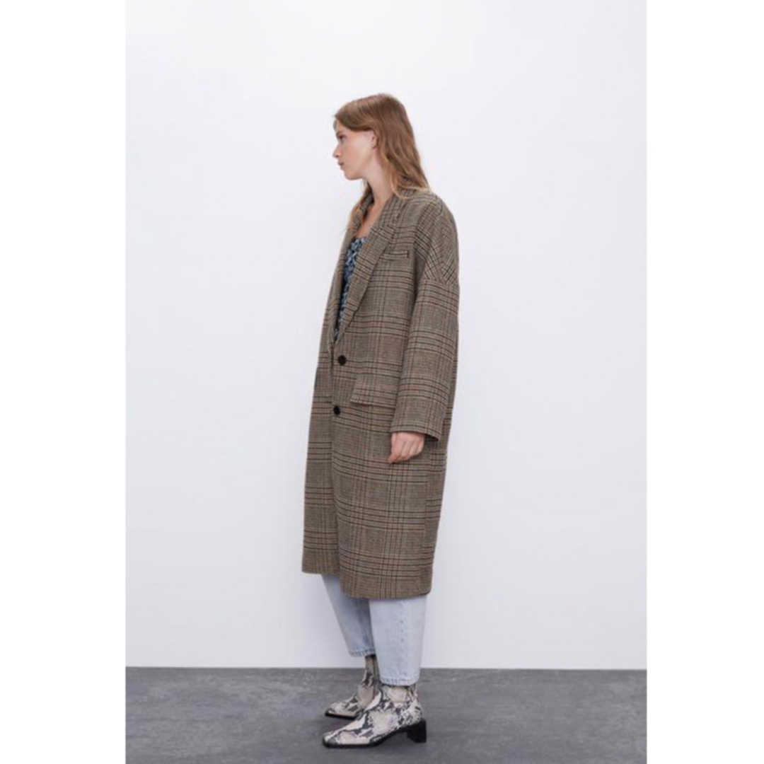 ZARA(ザラ)の完売！ZARA チェック柄 ブラウン コート オーバーサイズ　Mサイズ レディースのジャケット/アウター(ロングコート)の商品写真