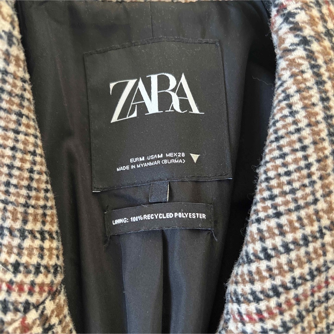 ZARA(ザラ)の完売！ZARA チェック柄 ブラウン コート オーバーサイズ　Mサイズ レディースのジャケット/アウター(ロングコート)の商品写真