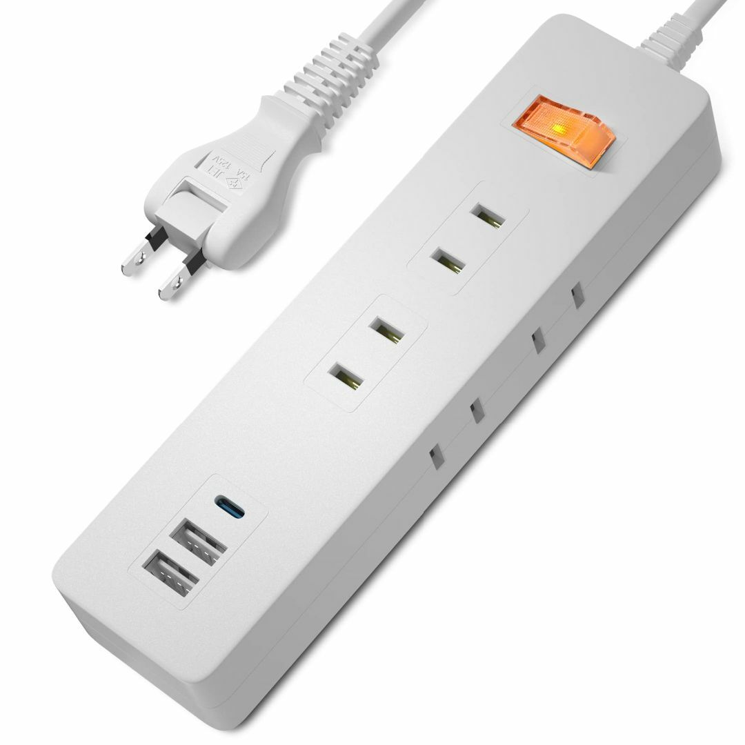【色: ホワイト】電源タップ 雷ガード延長コード USBコンセントAC 6個口
