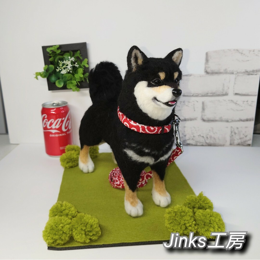 柴犬黒と椿 フラワー 羊毛フェルトフォトフレーム ハンドメイド - その他