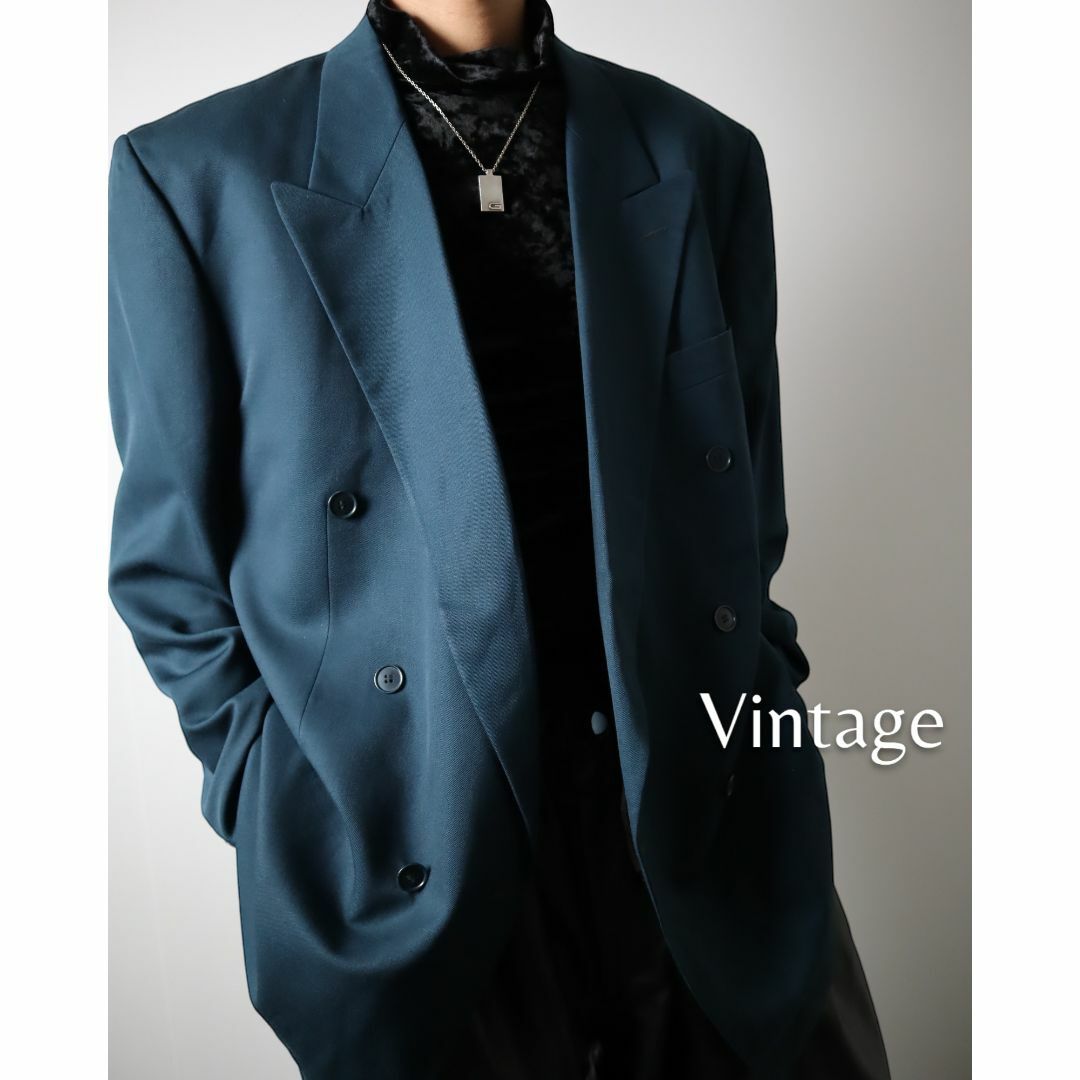 【vintage】深藍 バージンウール ダブル テーラードジャケット レトロ