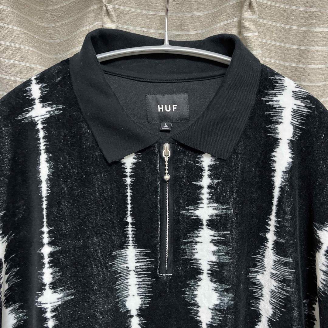 HUF(ハフ)のHUF ハフ ベロア ポロシャツ ハーフジップ  L 黒 白 ブラック ホワイト メンズのトップス(ポロシャツ)の商品写真