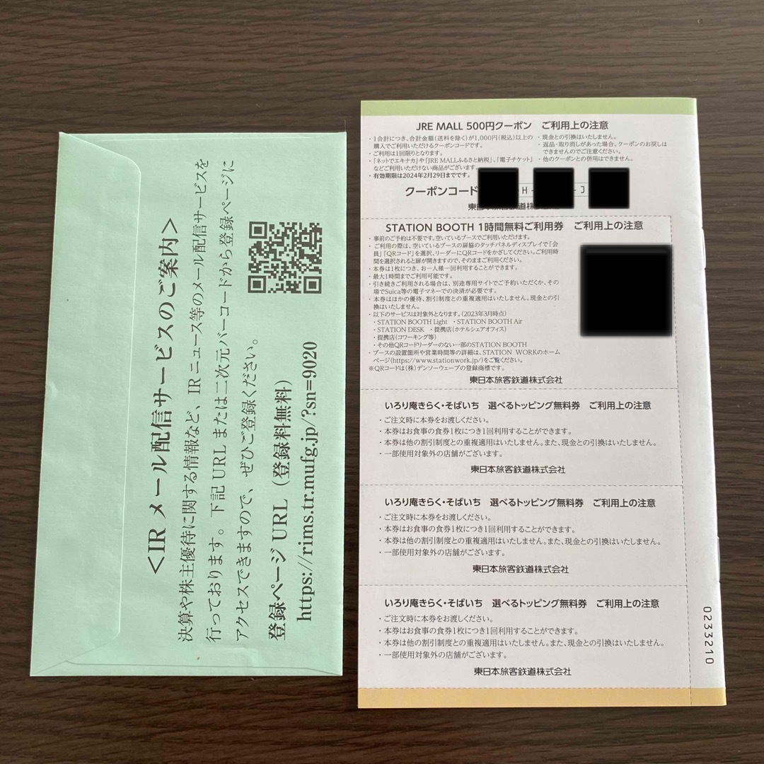 送料込、JR東日本株主優待割引券2枚おまけ付