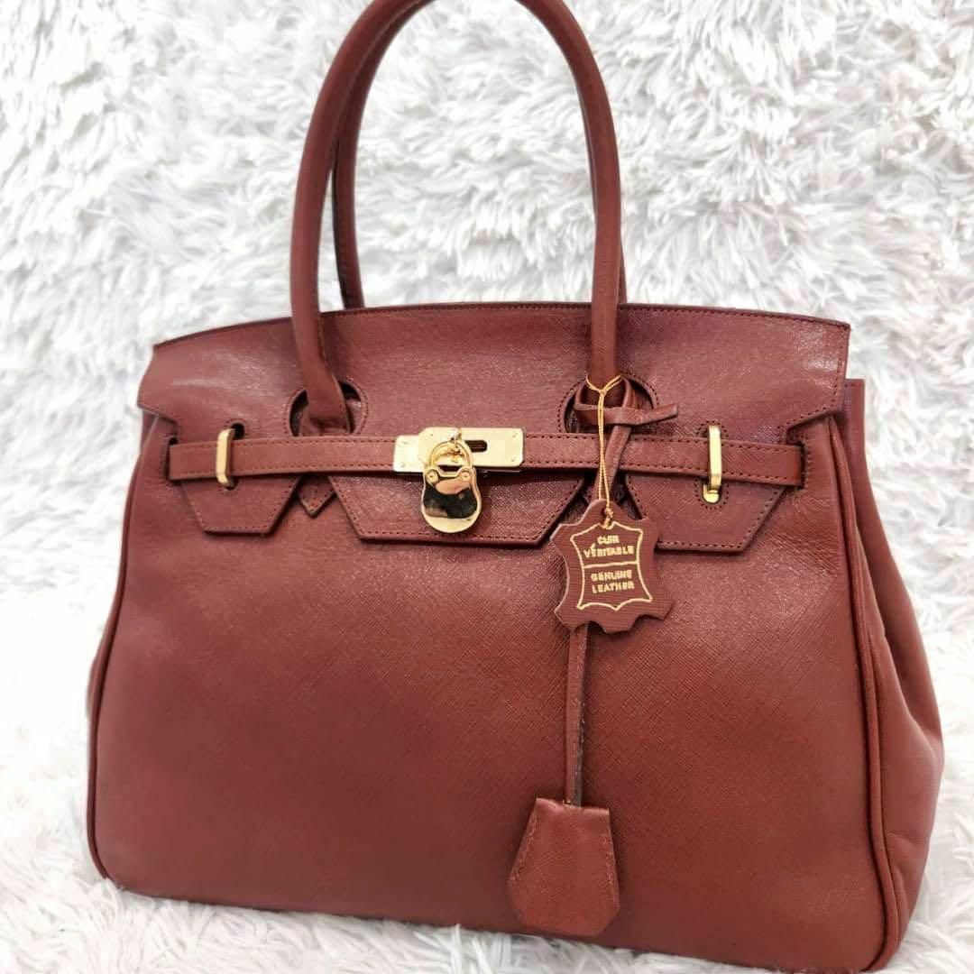 ♡美品♡ GENUINE LEATHER ハンドバッグ ブラウン 鍵 南京錠 ...