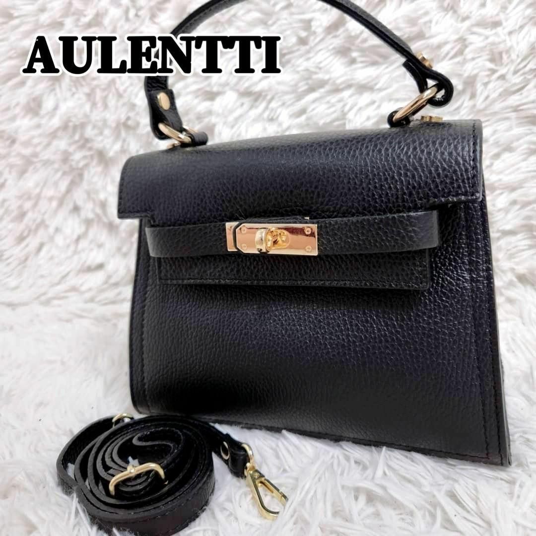 AULENTTI ワンハンドルバッグ ゴールド金具 2WAY シボ革 黒 - ハンドバッグ