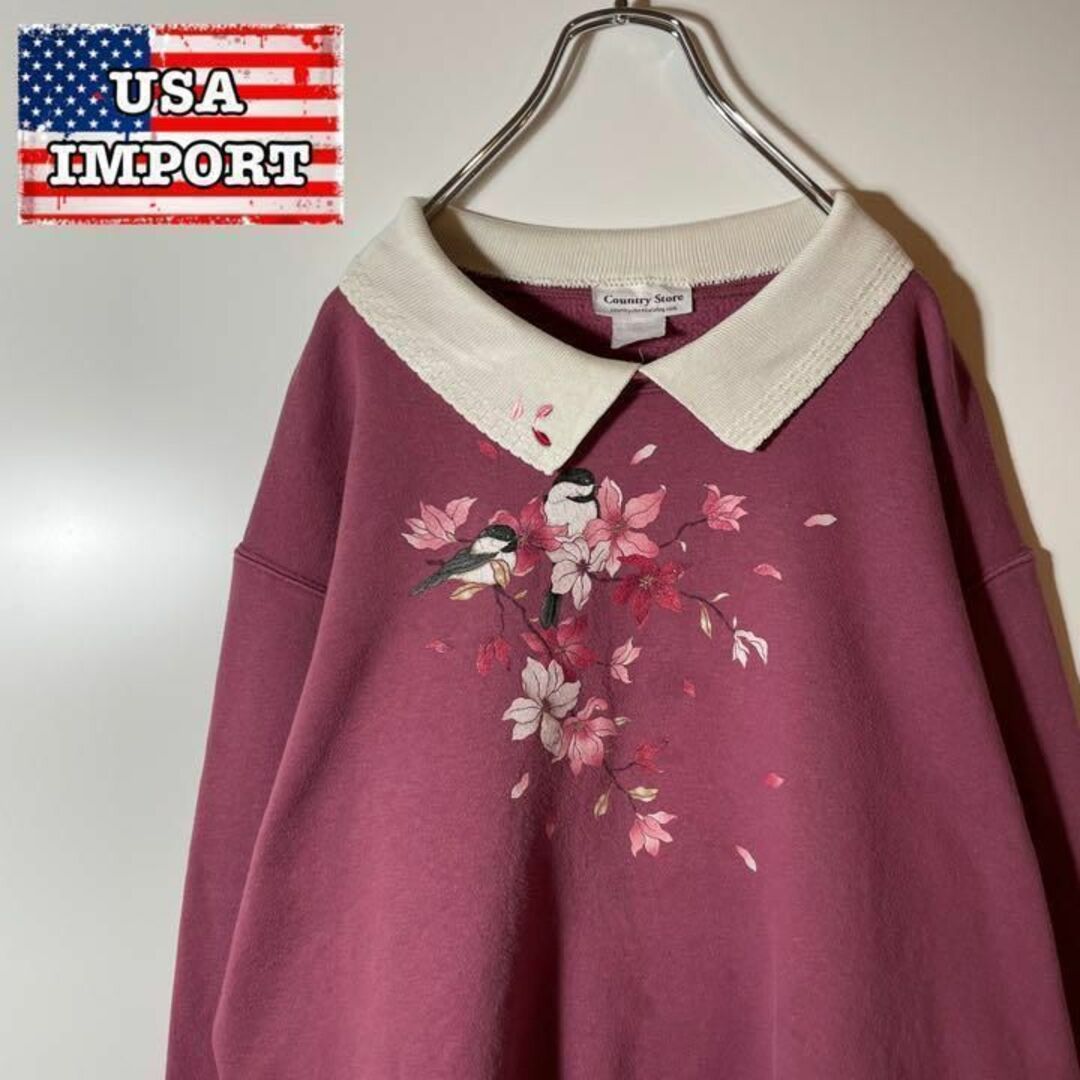 【アメリカ古着】USA スウェットパーカー紫　花柄　襟付き　刺繍ロゴ　桜ロゴ レディースのトップス(トレーナー/スウェット)の商品写真