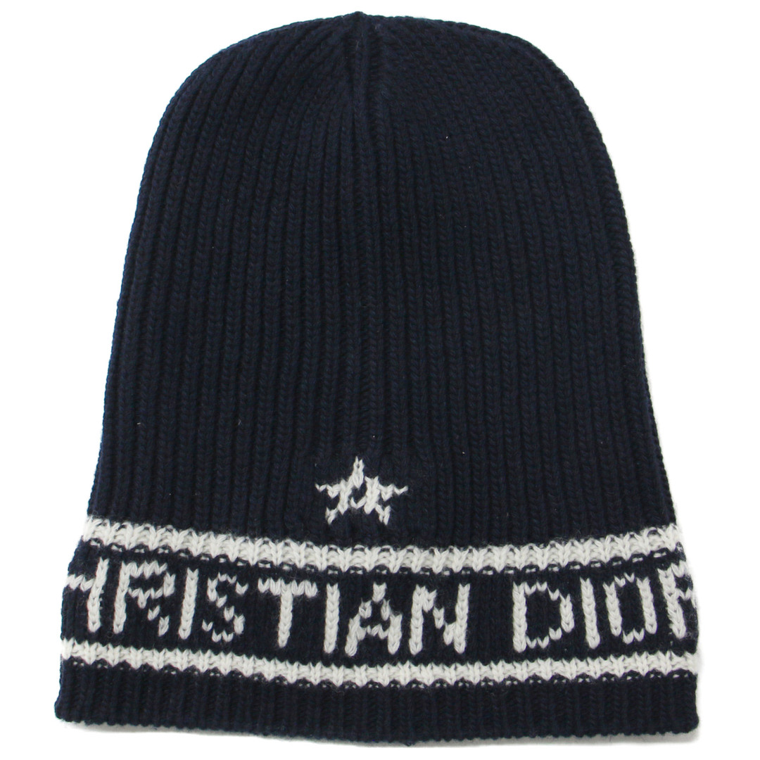 Christian Dior(クリスチャンディオール)のChristian Dior クリスチャンディオール ニット帽 帽子 ニットキャップ ネイビー ホワイト 紺 白 ロゴ 31NOE714IXGH ウール カシミヤ ビーニー ブランド【レディース】【中古】 レディースの帽子(ニット帽/ビーニー)の商品写真