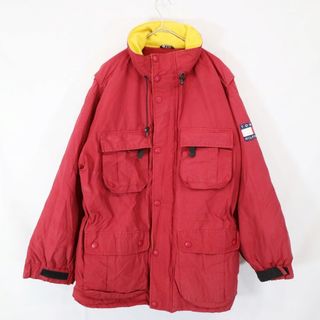 トミーヒルフィガー(TOMMY HILFIGER)の90年代 TOMMY HILFIGER トミーヒルフィガー ダウンジャケット アウトドア キャンプ アウター 防寒 登山 レッド (メンズ L) 中古 古着 N8121(ダウンジャケット)