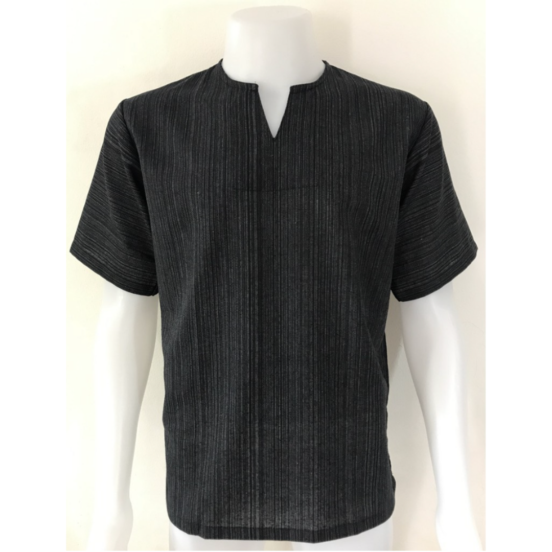 【THA000430XL】TシャツVネック半袖シンプルエスニックアジアンブラック レディースのトップス(Tシャツ(半袖/袖なし))の商品写真