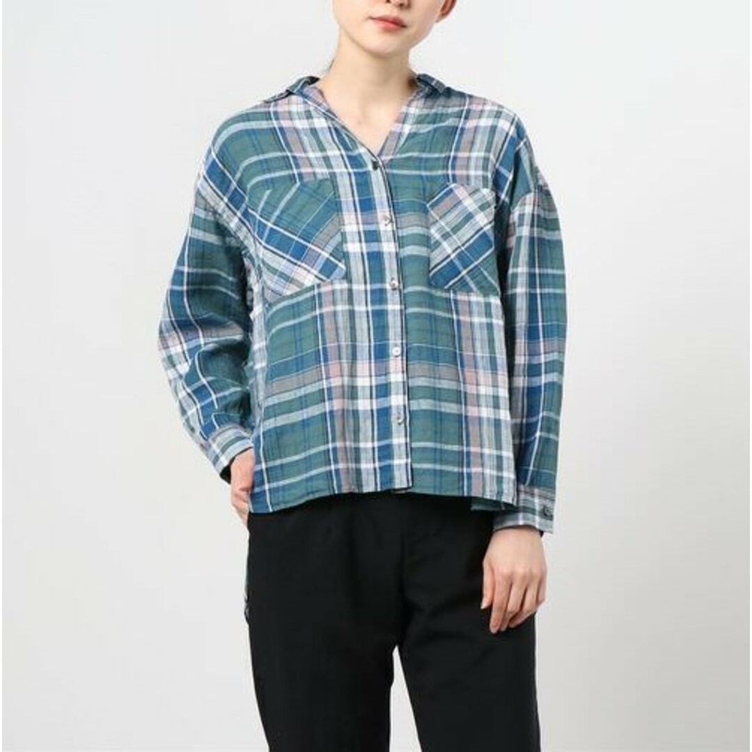 three dots スリードッツ 日本製 Linen Plaid L/S Over Shirt リネンプレイド オーバーシャツ LP2001Y S Green 長袖 チェック スキッパー トップス【three dots】