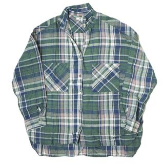 スリードッツ(three dots)のthree dots スリードッツ 日本製 Linen Plaid L/S Over Shirt リネンプレイド オーバーシャツ LP2001Y S Green 長袖 チェック スキッパー トップス【中古】【three dots】(シャツ/ブラウス(長袖/七分))