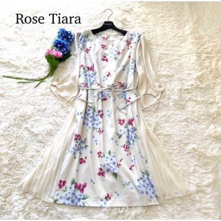 ローズティアラ(Rose Tiara)の【美品】ローズティアラ ワンピース 超希少46サイズ 花柄 リボン エレガント(ひざ丈ワンピース)