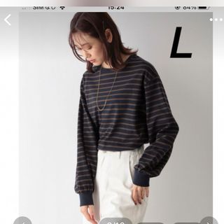 グローバルワーク(GLOBAL WORK)のグローバルワーク　ヘビロッtee袖ボリューム　ネイビー×ブラウンボーダー　L(Tシャツ(長袖/七分))