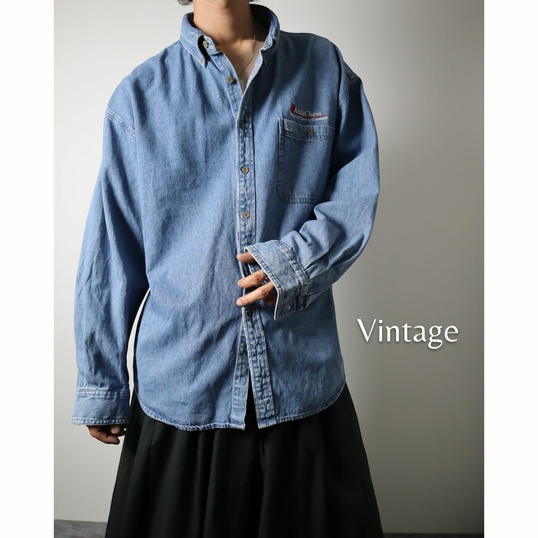 【vintage】刺繍 デザイン ボタンダウン デニム 長袖シャツ 青 XL古着屋arie✿S299