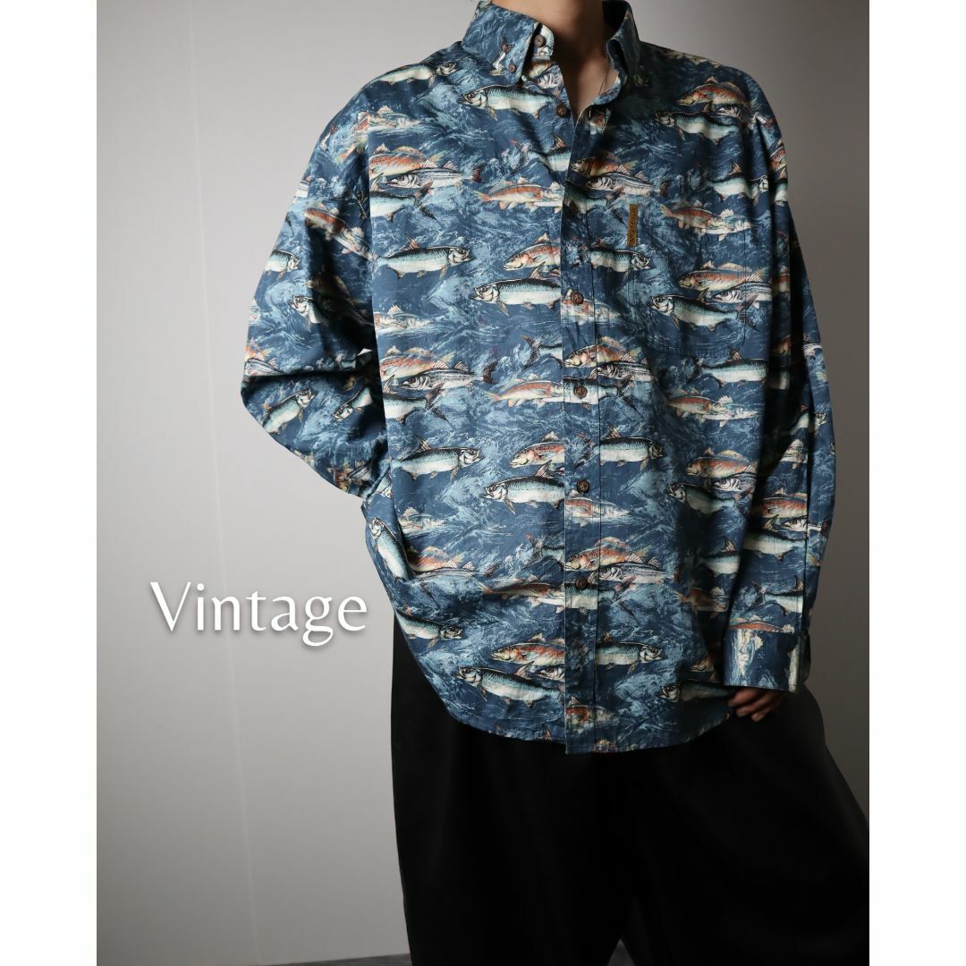 ART VINTAGE(アートヴィンテージ)の【vintage】トラウト 魚 総柄 ボタンダウン 綿 ルーズ 長袖シャツ XL メンズのトップス(シャツ)の商品写真