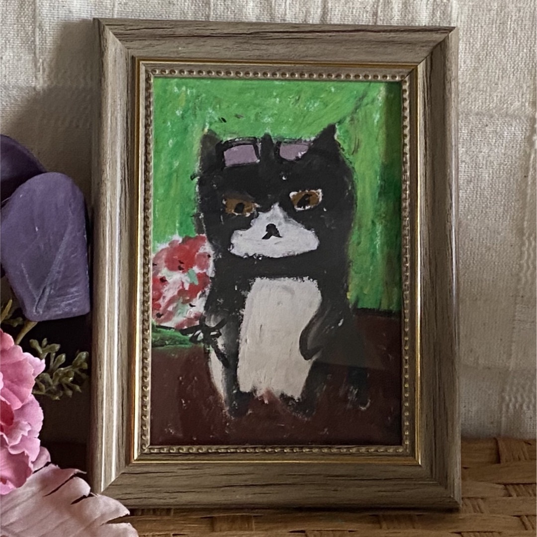 絵画。原画手描き【かわいい黒猫が買い物をしている間に花を1束買った】 エンタメ/ホビーの美術品/アンティーク(絵画/タペストリー)の商品写真