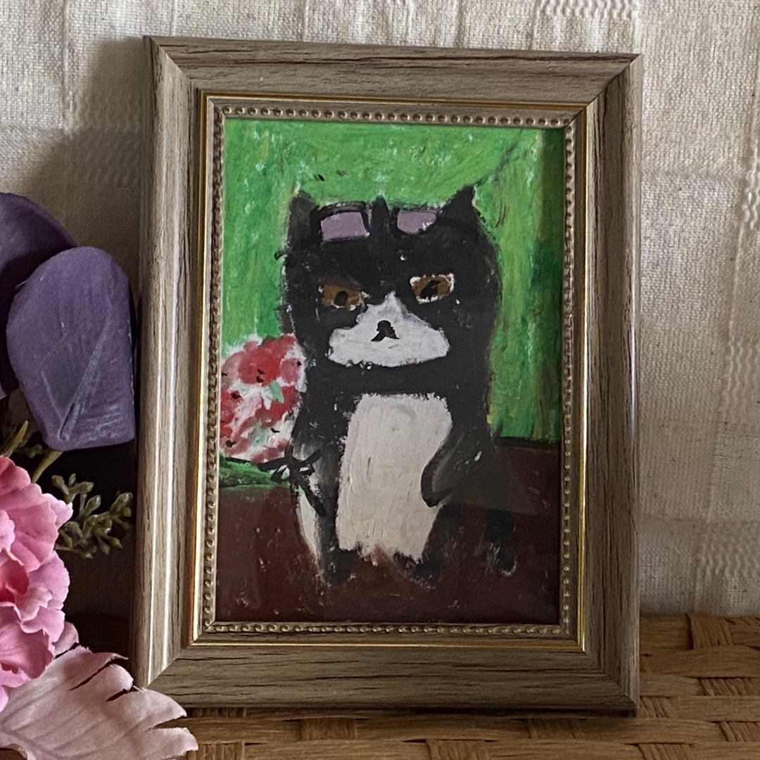 絵画。原画手描き【かわいい黒猫が買い物をしている間に花を1束買った】 エンタメ/ホビーの美術品/アンティーク(絵画/タペストリー)の商品写真