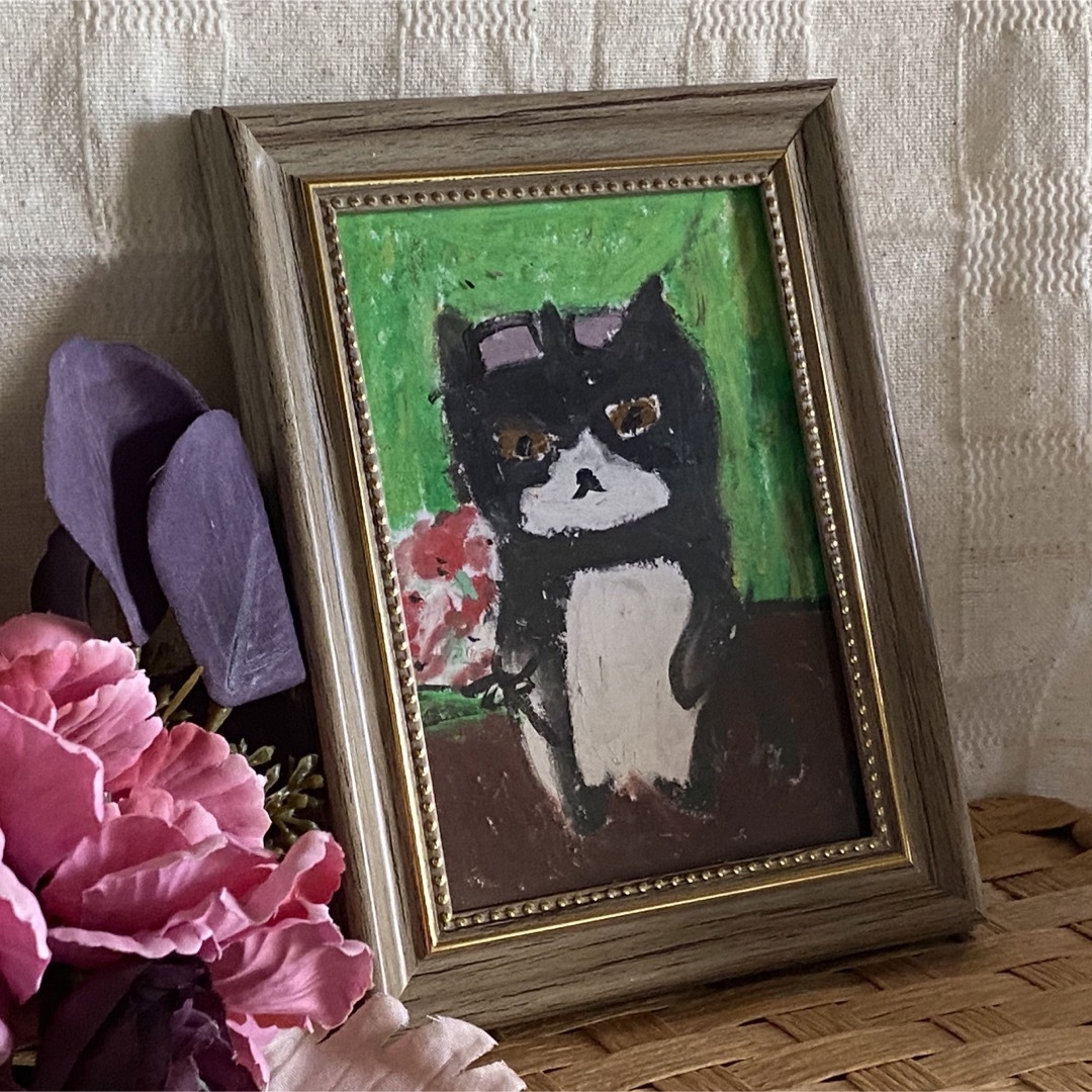 絵画。原画手描き【かわいい黒猫が買い物をしている間に花を1束買った】 エンタメ/ホビーの美術品/アンティーク(絵画/タペストリー)の商品写真