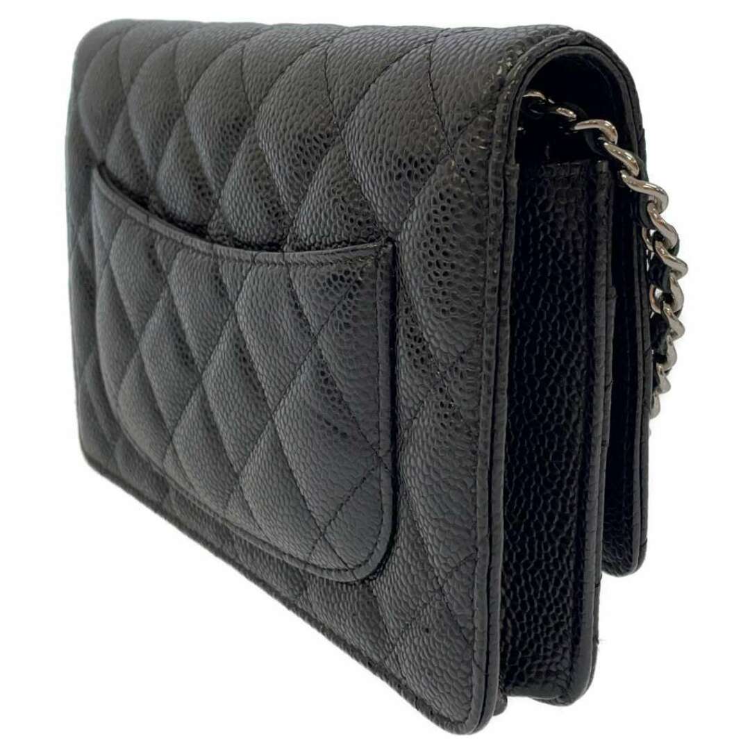 シャネル　CHANEL　キャビアスキン　マトラッセ　チェーンウォレット　黒　財布