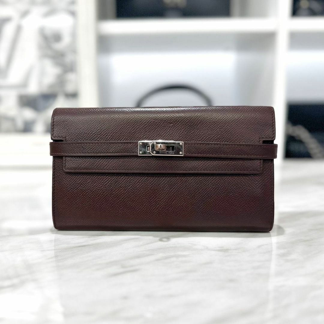 Hermes - 美品☆ エルメス ケリーウォレット エプソン 長財布 濃茶 □L